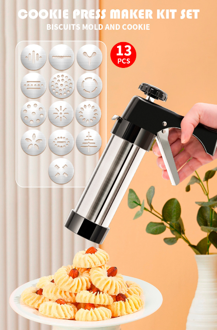 Stainless Steel Cookie Press Maker Kit Black Biscuit Machine with 13 Disc Molds 8 Icing Tips and Sponge Cleaning Brush - Image 2