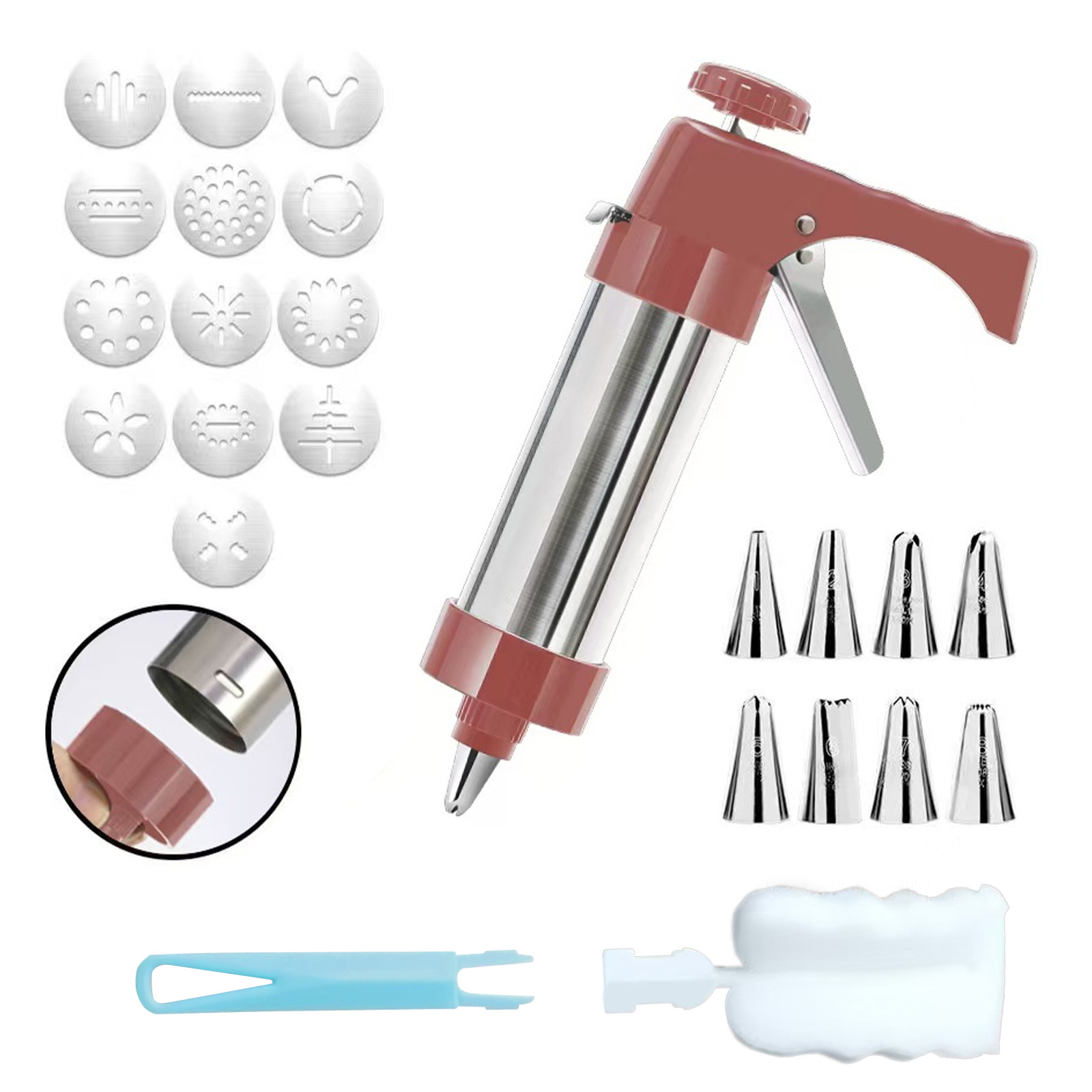 Stainless Steel Cookie Press Maker Kit Red Biscuit Machine with 13 Disc Molds 8 Icing Tips and Sponge Cleaning Brush - Image 1