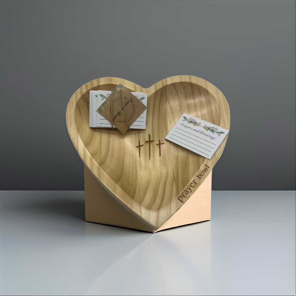 Handcrafted Heart Shaped Wooden Prayer Bowl with Prayer Cards and Raffia Natural Wood Grain Spiritual Gift for Home - Image 3