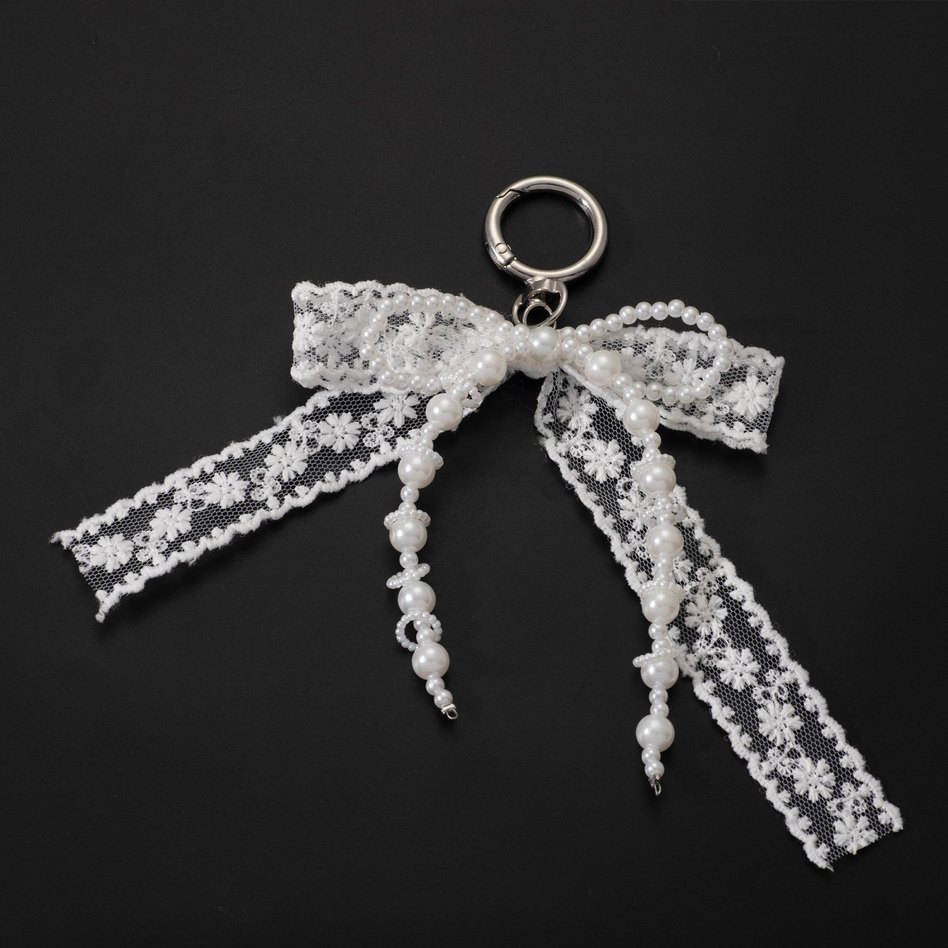 Korean Style Designer Faux Pearl and Fabric Bow Bag Charm Elegant White Ribbon Bow Keychain for Handbags and Car Keys - Image 1