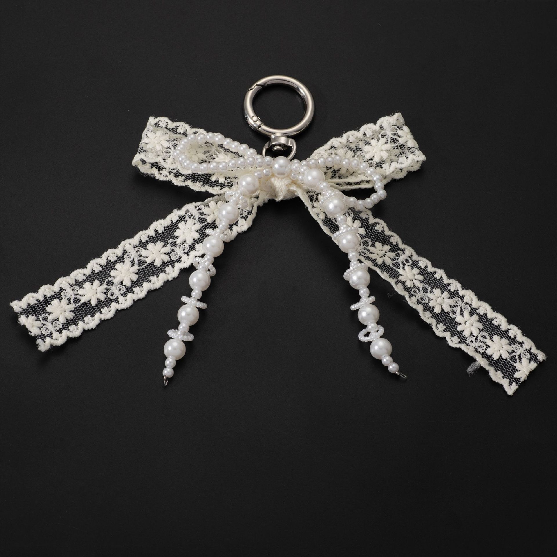Korean Style Designer Faux Pearl and Fabric Bow Bag Charm Elegant Beige Ribbon Bow Keychain for Handbags and Car Keys - Image 1