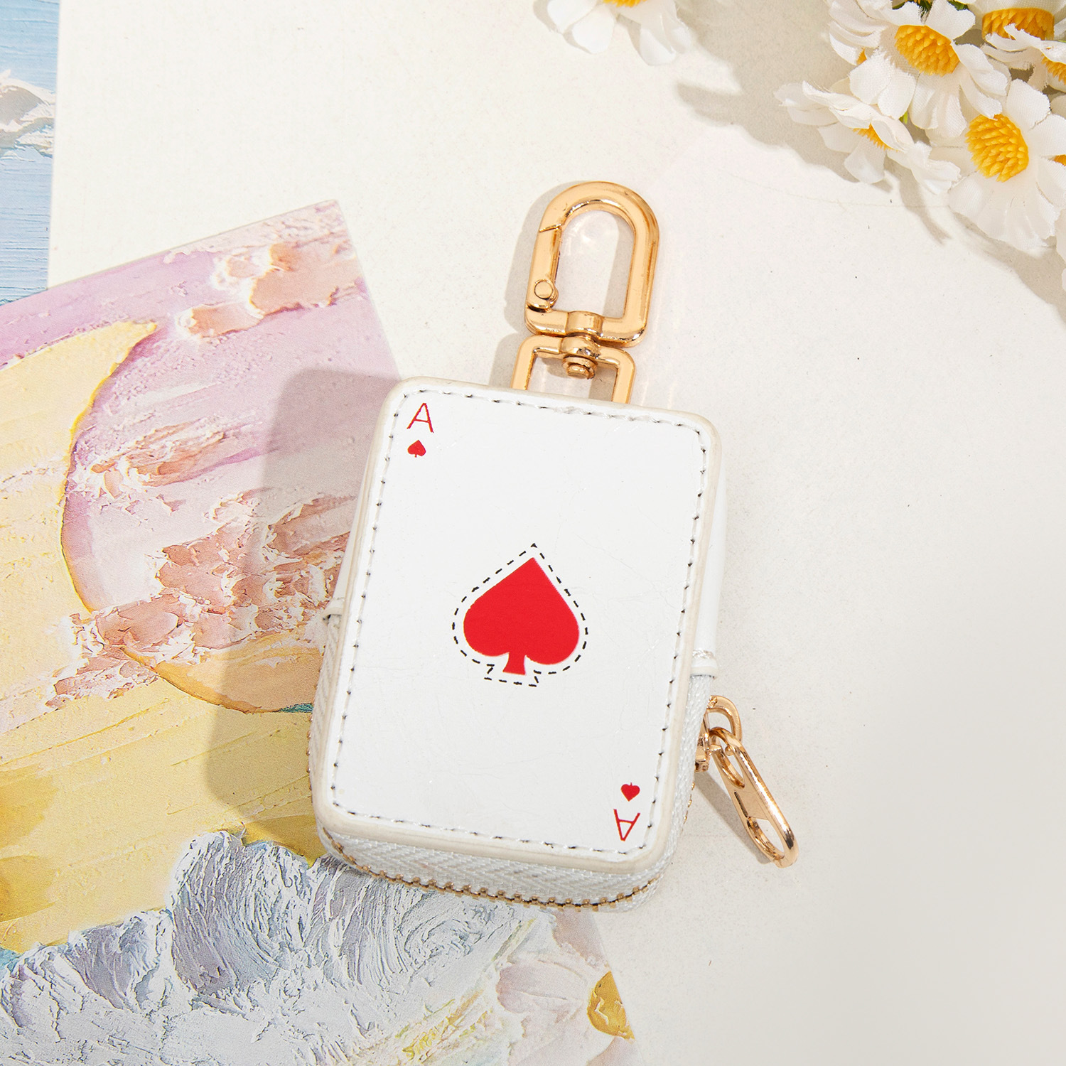 Ace of Hearts Mini Pouch Keychain PU Leather Coin Purse Earphone Case Bag Charm Cute Playing Card Keyring Gift - Image 1