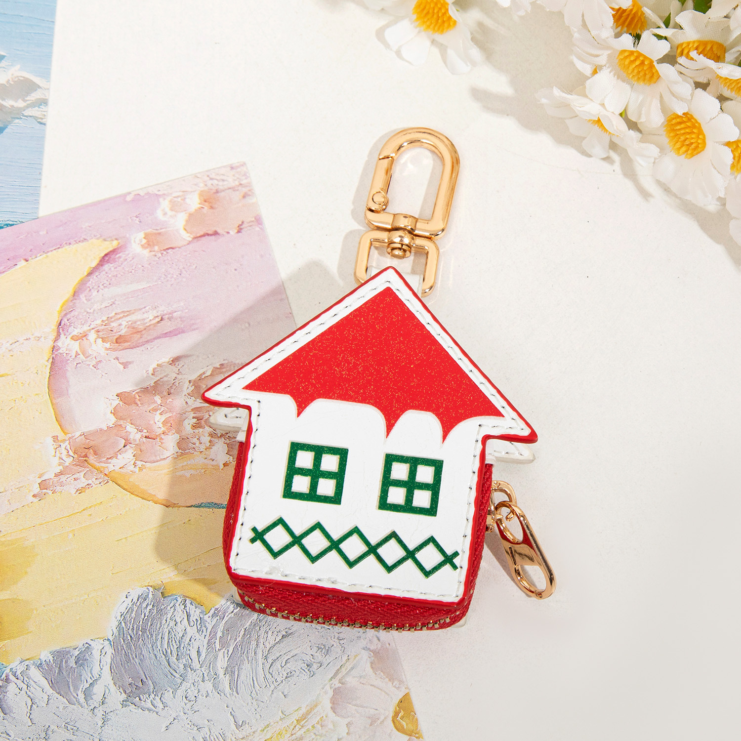 Cute Christmas House Mini Pouch Keychain PU Leather Coin Purse Earbuds Case Bag Charm Festive Gift - Image 1