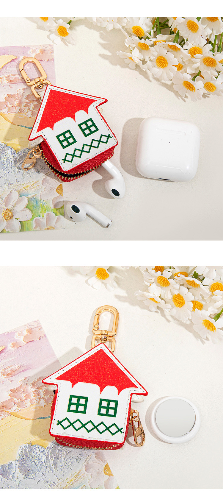 Cute Christmas House Mini Pouch Keychain PU Leather Coin Purse Earbuds Case Bag Charm Festive Gift - Image 3