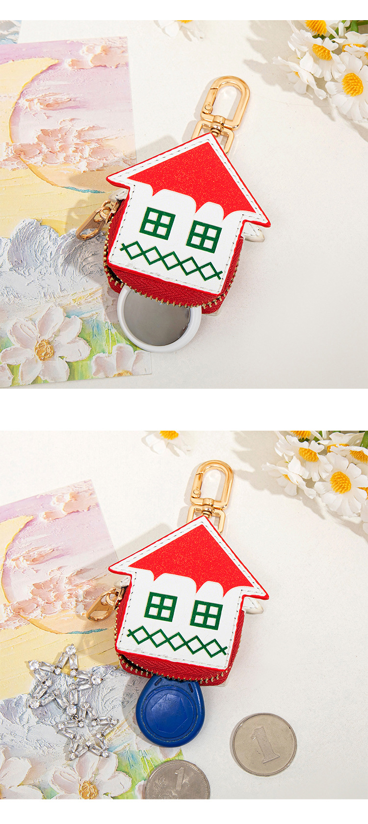 Cute Christmas House Mini Pouch Keychain PU Leather Coin Purse Earbuds Case Bag Charm Festive Gift - Image 4