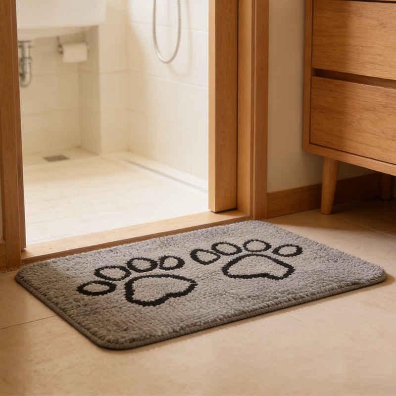 Grey Chenille Pet Mat Non-Slip Absorbent Dog & Cat Rug 40x60cm Cute Paw Print Design for Feeding Sleeping or Entryway - Image 1