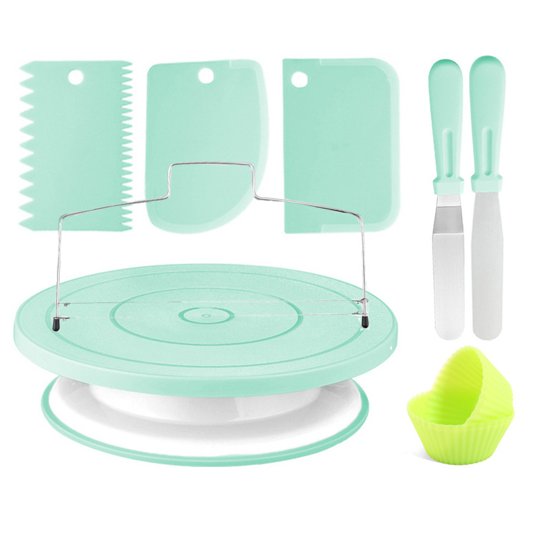 12pcs Cake Decorating Turntable Kit Non-Slip Rotating Stand with Spatulas and Leveler Baking Tools for Home Kitchen DIY Nordic Green - Image 1