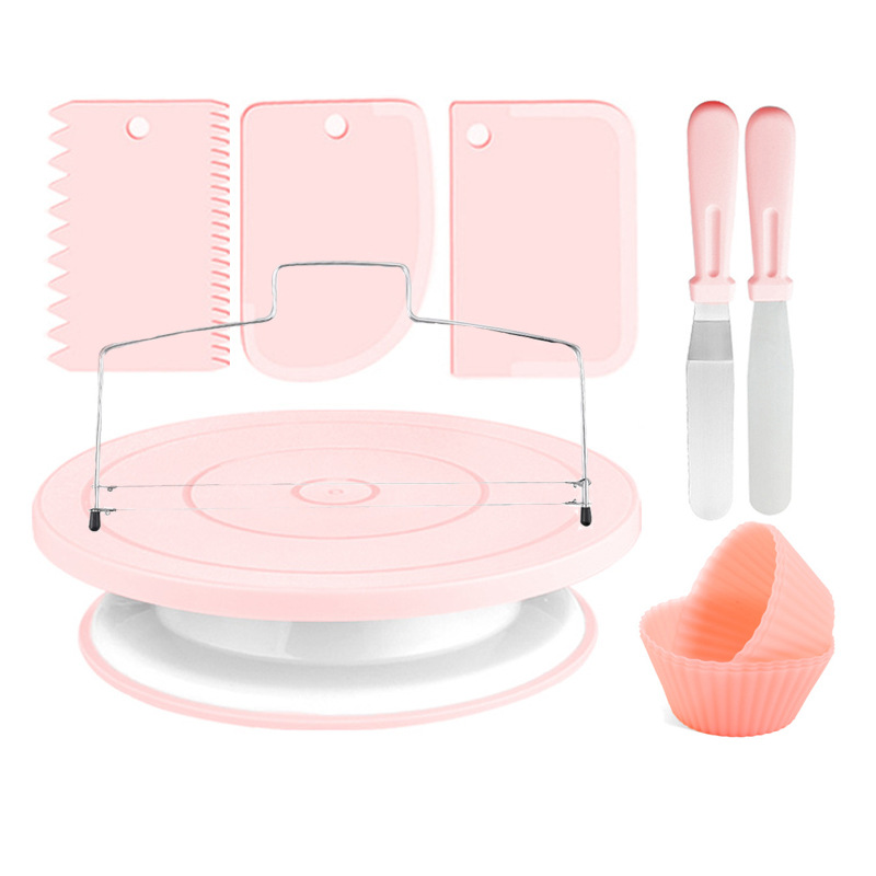 12pcs Cake Decorating Turntable Kit Non-Slip Rotating Stand with Spatulas and Leveler Baking Tools for Home Kitchen DIY Nordic Pink - Image 1