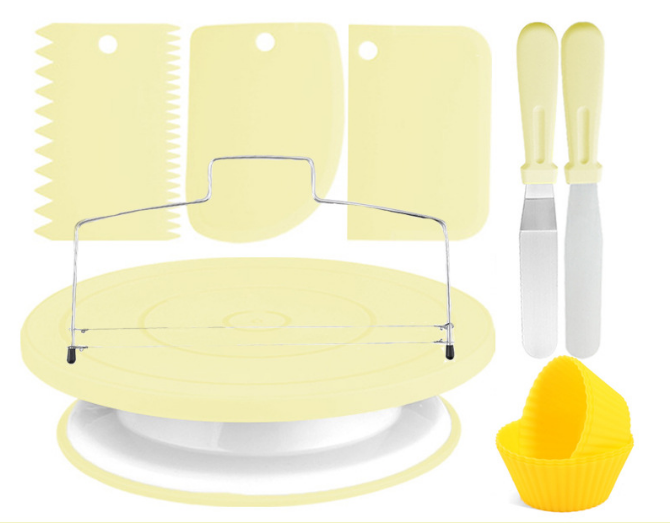 12pcs Cake Decorating Turntable Kit Non-Slip Rotating Stand with Spatulas and Leveler Baking Tools for Home Kitchen DIY Nordic Yellow - Image 1