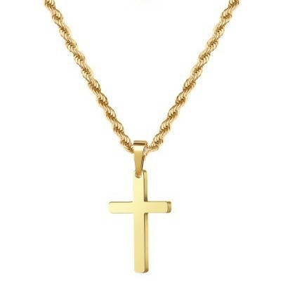 Gold Tone Cross Pendant Necklace Twisted Rope Chain 45cm Unisex Fashion Jewellery Gift for Men & Women - Image 1