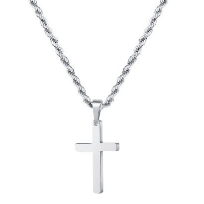 Silver Tone Cross Pendant Necklace Twisted Rope Chain 45cm Unisex Fashion Jewellery Gift for Men & Women - Image 1