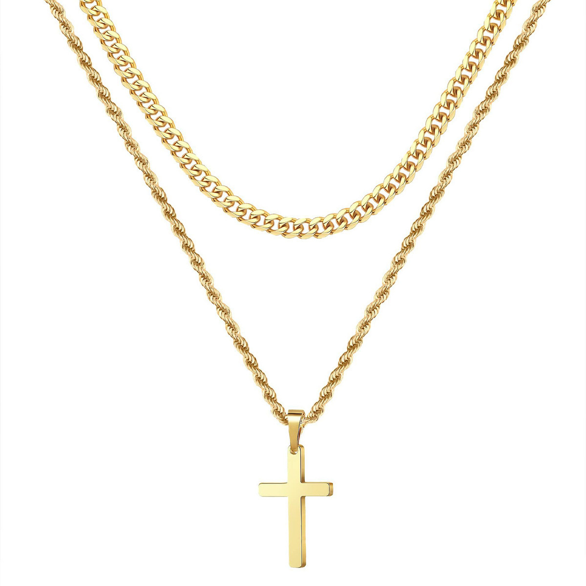 Double Layer Gold Tone Cross Pendant Necklace Set Cuban Link & Rope Chain 40-45cm Layered Fashion Jewellery - Image 1