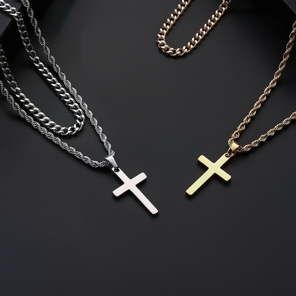 Double Layer Silver Tone Cross Pendant Necklace Set Cuban Link & Rope Chain 40-45cm Layered Fashion Jewellery - Image 2
