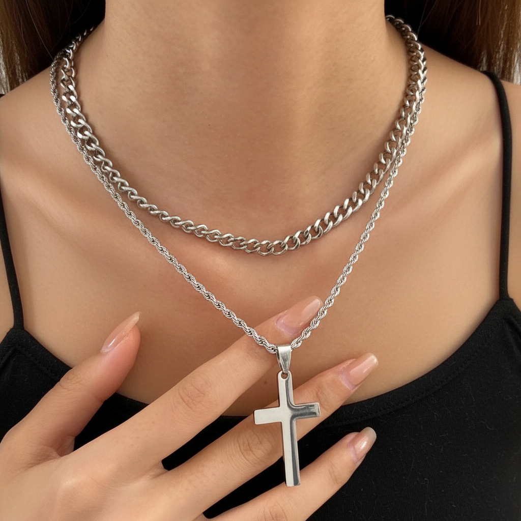 Double Layer Silver Tone Cross Pendant Necklace Set Cuban Link & Rope Chain 40-45cm Layered Fashion Jewellery - Image 3