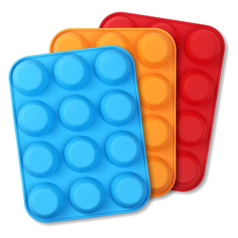 3 PCS Food Grade Silicone Cake Mould 12 Cup Round Cupcake Pan  Blue Red and Orange Easy Release Non Stick Baking Trays - Image 1