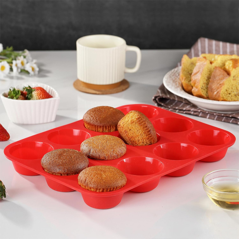 3 PCS Food Grade Silicone Cake Mould 12 Cup Round Cupcake Pan  Blue Red and Orange Easy Release Non Stick Baking Trays - Image 3