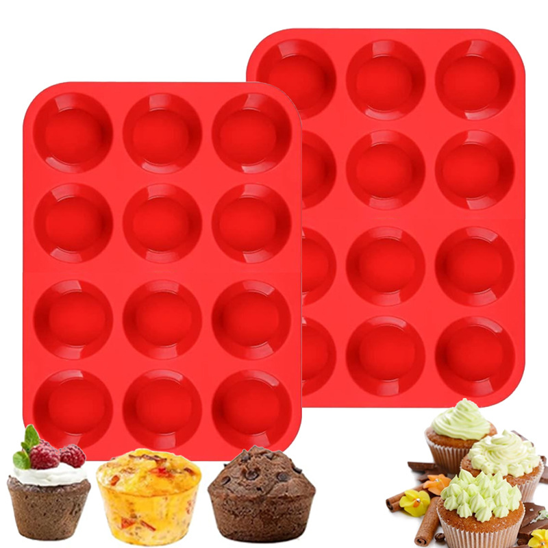 2PCS Red Food Grade Silicone Cake Mould 12 Cup Round Cupcake Pan Easy Release Non Stick Baking Trays - Image 1