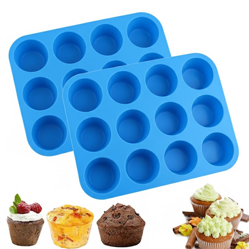 2PCS Blue Food Grade Silicone Cake Mould 12 Cup Round Cupcake Pan Easy Release Non Stick Baking Trays - Image 1