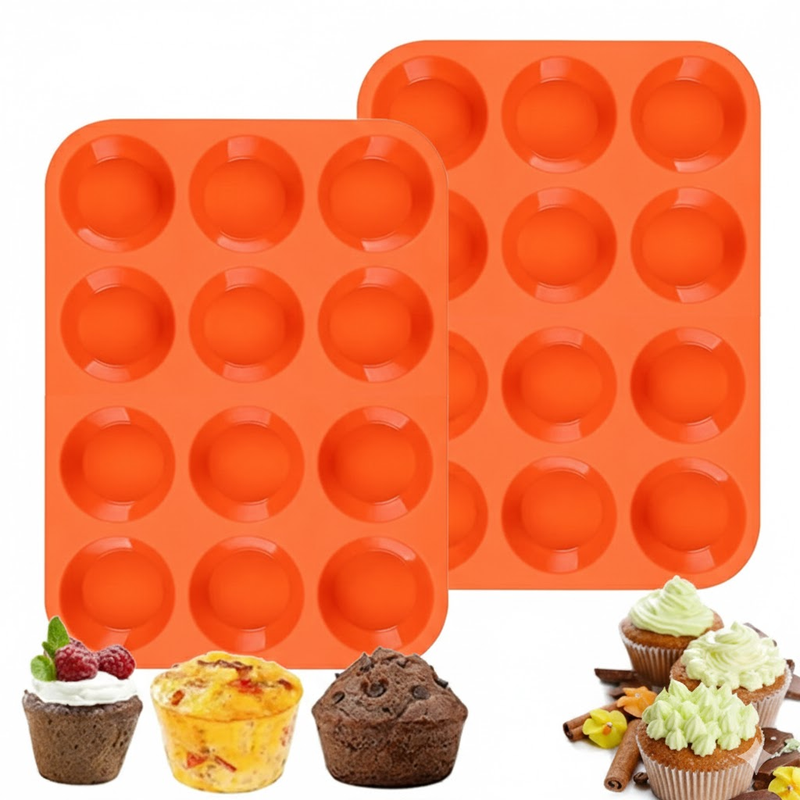 2PCS Orange Food Grade Silicone Cake Mould 12 Cup Round Cupcake Pan Easy Release Non Stick Baking Trays - Image 1