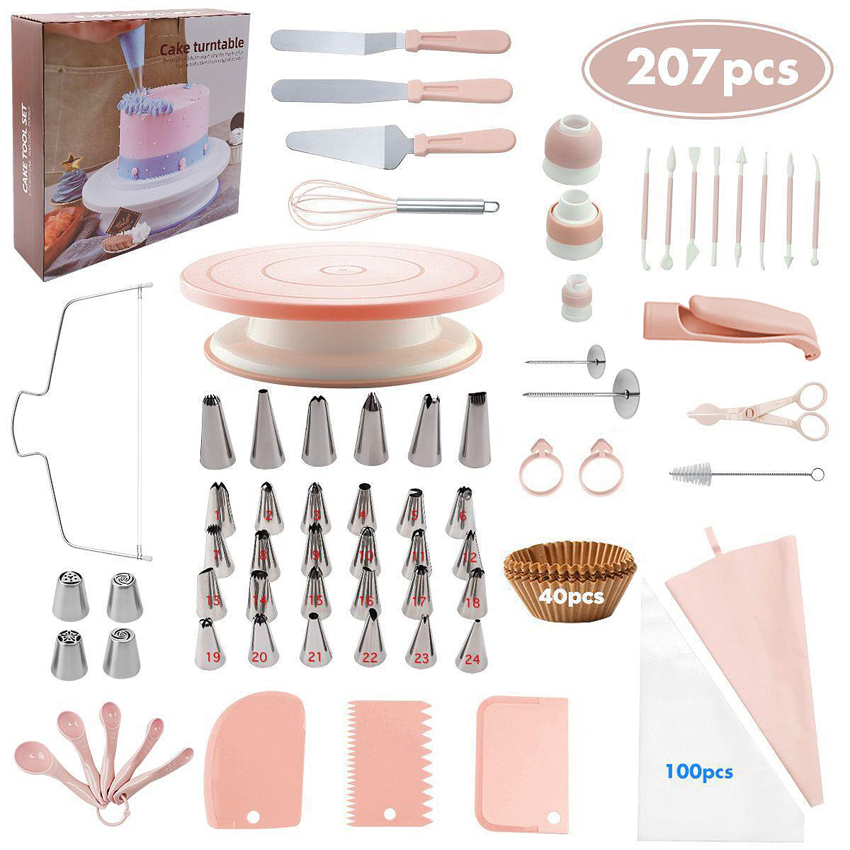 207 Pieces Cake Decorating Kit with Nordic Pink Revolving Turntable Icing Tips and Spatulas Complete Baking Tool Set - Image 1