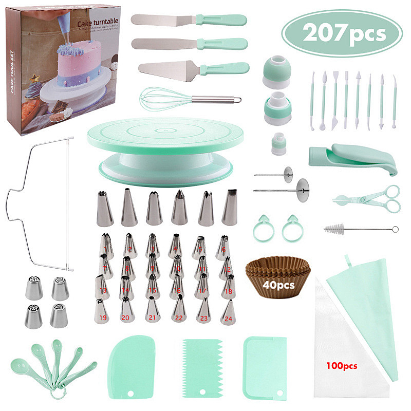 207 Pieces Cake Decorating Kit with Nordic Green Revolving Turntable Icing Tips and Spatulas Complete Baking Tool Set - Image 1