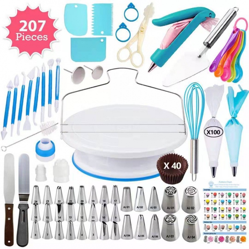 207 Pieces Cake Decorating Kit with Nordic Blue Revolving Turntable Icing Tips and Spatulas Complete Baking Tool Set - Image 1