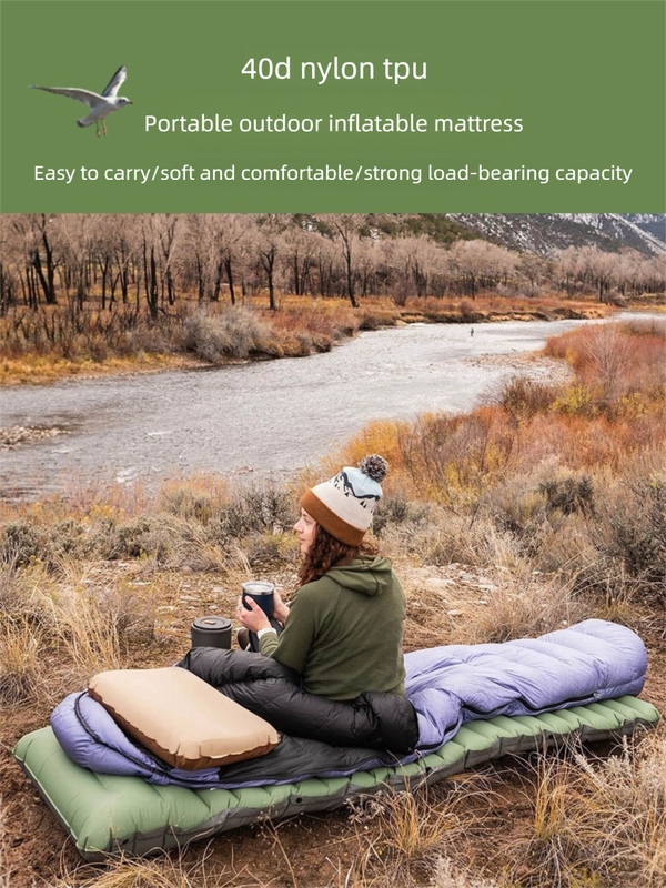Outdoor Camping Self-Inflatable Air Mattress Portable Foot Press Beach Picnic Mat Foldable TPU Sleeping Pad Green and Grey - Image 2