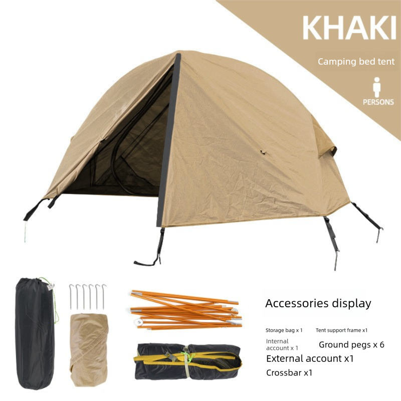 Single Person Off-Ground Camping Tent Portable Folding Bed Cover with Mosquito Net UV-Resistant Fishing Tent Light Khaki - Image 1