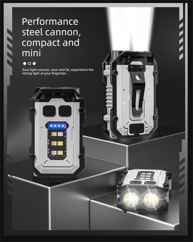 Mini EDC Keychain Flashlight Dual LED Super Bright 750mAh Type-C Rechargeable Magnetic Torch Work Light Black - Image 8