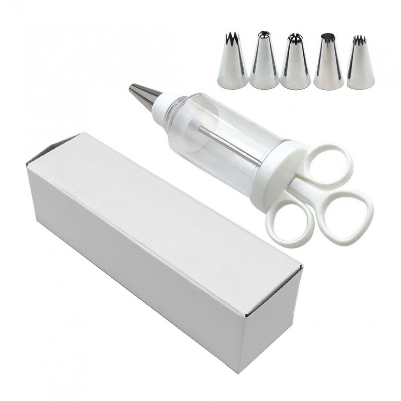 Cake Decorating Icing Syringe Gun Set with 5 Stainless Steel Nozzles DIY Cookie Press Baking Tool for Home Kitchen - Image 1