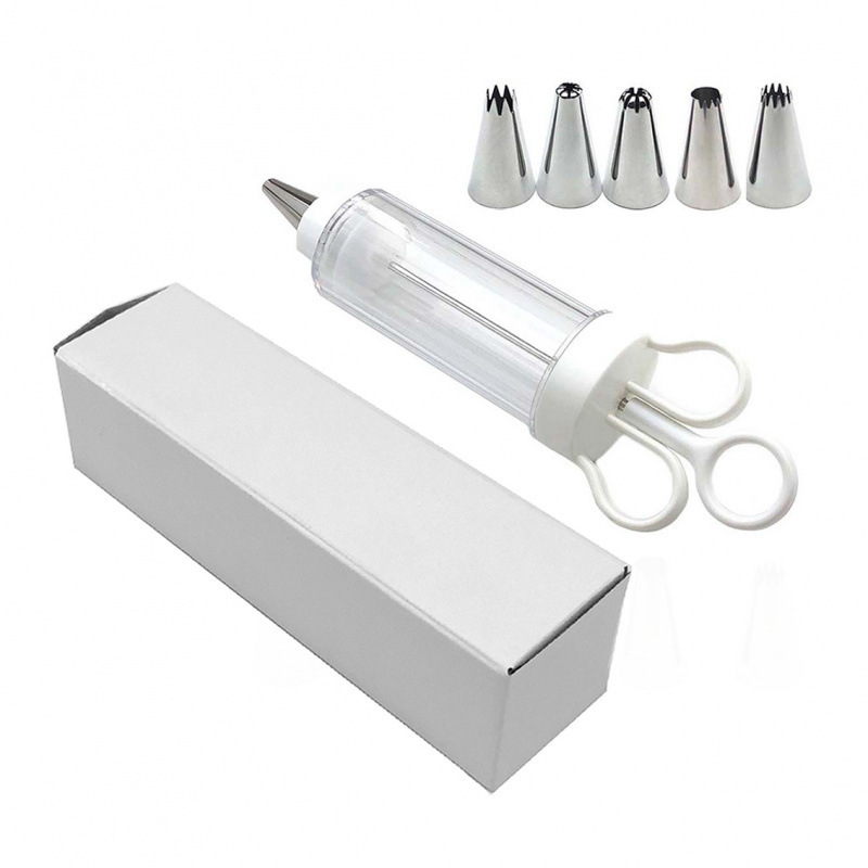 Large Cake Decorating Icing Syringe Gun Set with 5 Stainless Steel Nozzles DIY Cookie Press Baking Tool for Kitchen - Image 1