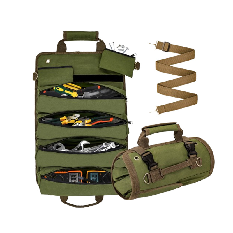 Heavy Duty Tool Roll Up Bag Organiser Multi-Pocket Canvas Carry Pouch for Electrician DIY Mechanic & 4WD Camping Green - Image 1