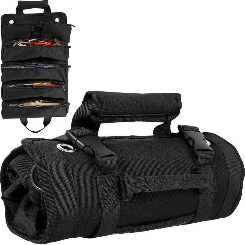 Heavy Duty Tool Roll Up Bag Organiser Multi-Pocket Canvas Carry Pouch for Electrician DIY Mechanic & 4WD Camping Black - Image 1