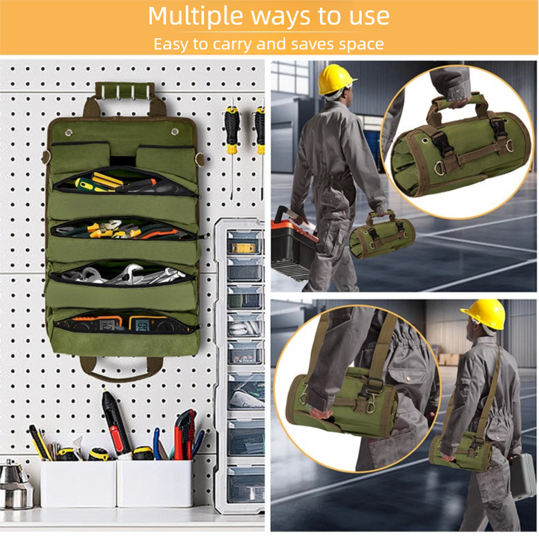 Heavy Duty Tool Roll Up Bag Organiser Multi-Pocket Canvas Carry Pouch for Electrician DIY Mechanic & 4WD Camping Black - Image 3