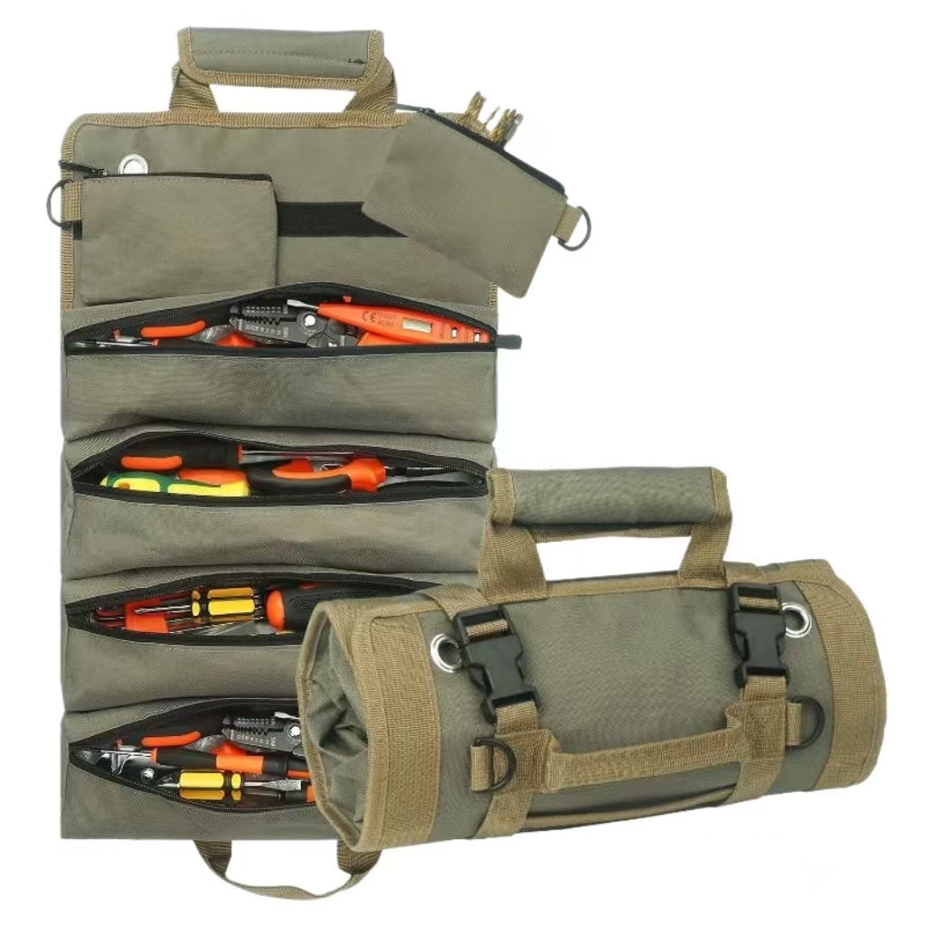 Heavy Duty Tool Roll Up Bag Organiser Multi-Pocket Canvas Carry Pouch for Electrician DIY Mechanic & 4WD Camping Light Grey - Image 1