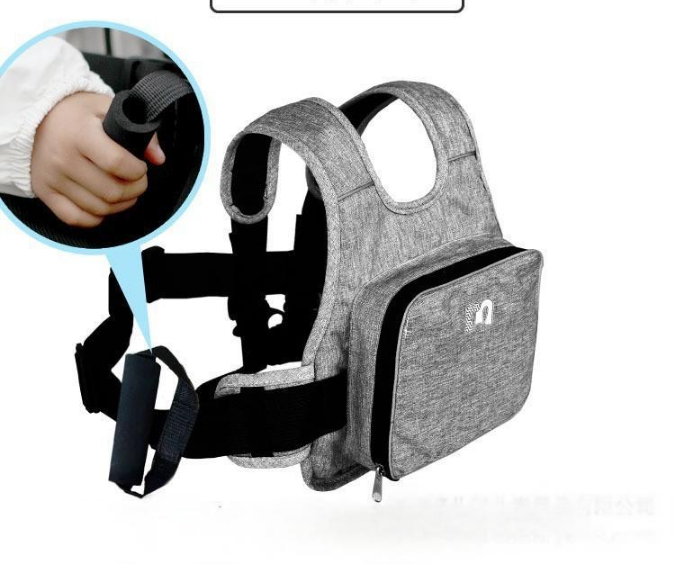 Child Motorcycle Safety Harness Strap Adjustable Passenger Belt with Handles & Storage Pocket Breathable Linen Grey for Scooter - Image 1