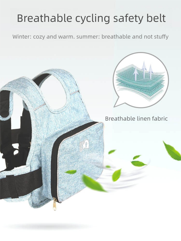 Child Motorcycle Safety Harness Strap Adjustable Passenger Belt with Handles & Storage Pocket Breathable Linen Grey for Scooter - Image 3