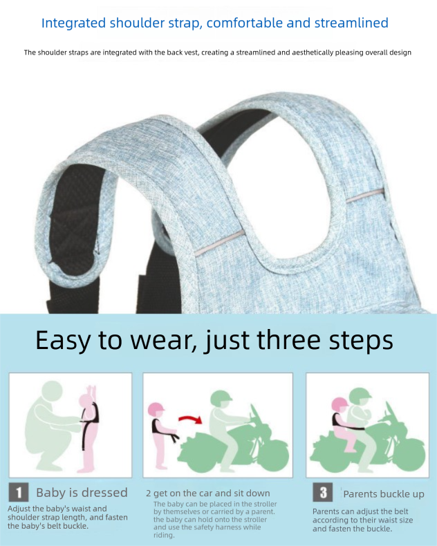 Child Motorcycle Safety Harness Strap Adjustable Passenger Belt with Handles & Storage Pocket Breathable Linen Blue for Scooter - Image 6