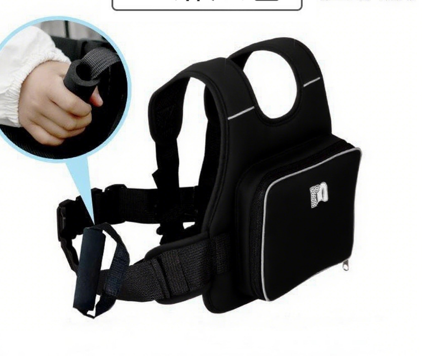 Child Motorcycle Safety Harness Strap Adjustable Passenger Belt with Handles & Storage Pocket Breathable Linen Black for Scooter - Image 1