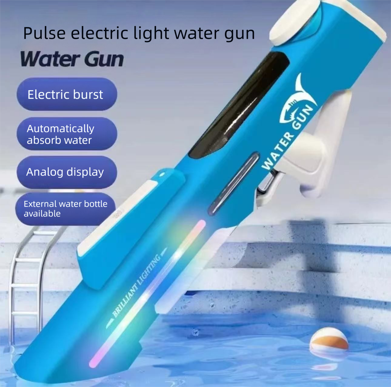 Electric Water Gun Auto Refill 46cm Blue LED Pulse Blaster High Pressure Toy with External Bottle Connector & Manual Mode for Summer Pool Party - Image 1