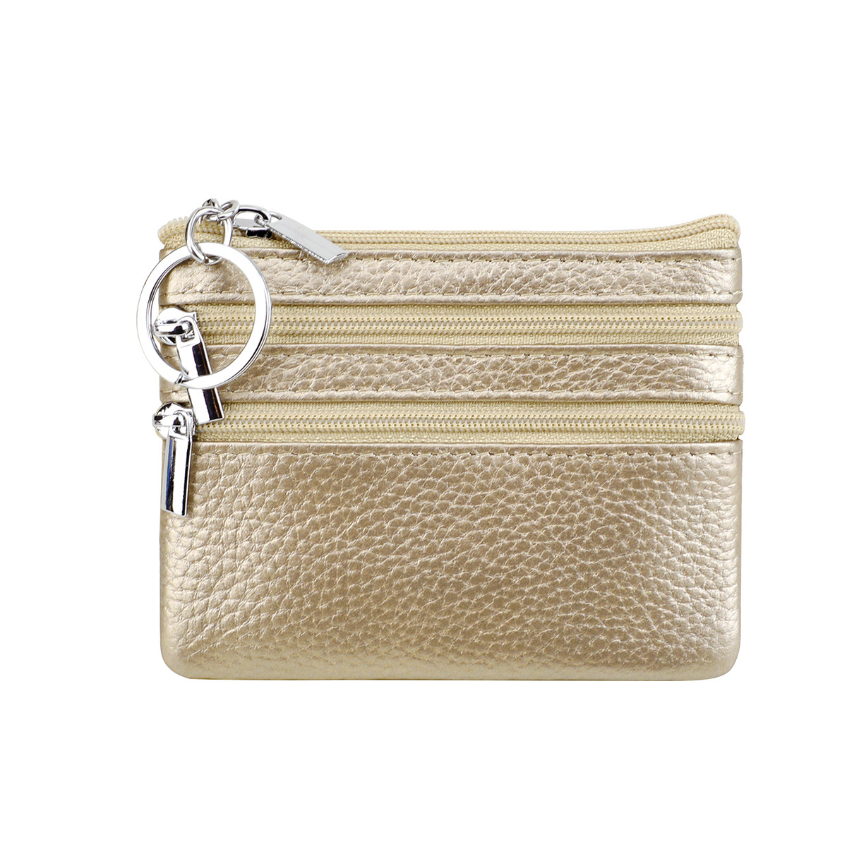 Genuine Leather Coin Purse Mini Wallet with Triple Zipper Pockets Key Ring Holder Pouch for Cash & Cards - Champagne color - Image 1
