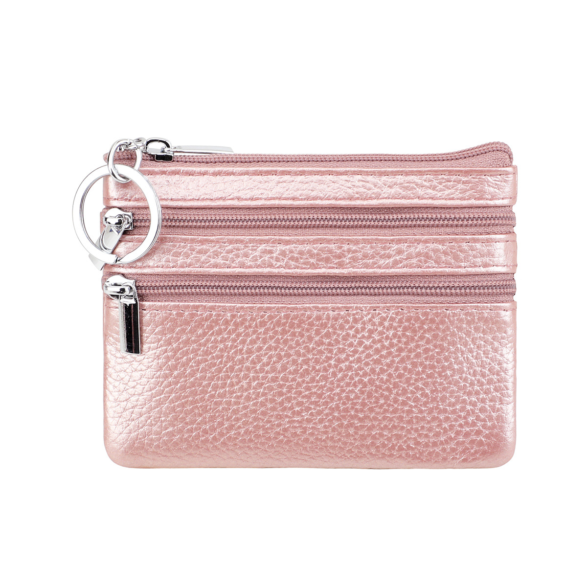 Genuine Leather Coin Purse Mini Wallet with Triple Zipper Pockets Key Ring Holder Pouch for Cash & Cards - Rose gold - Image 1