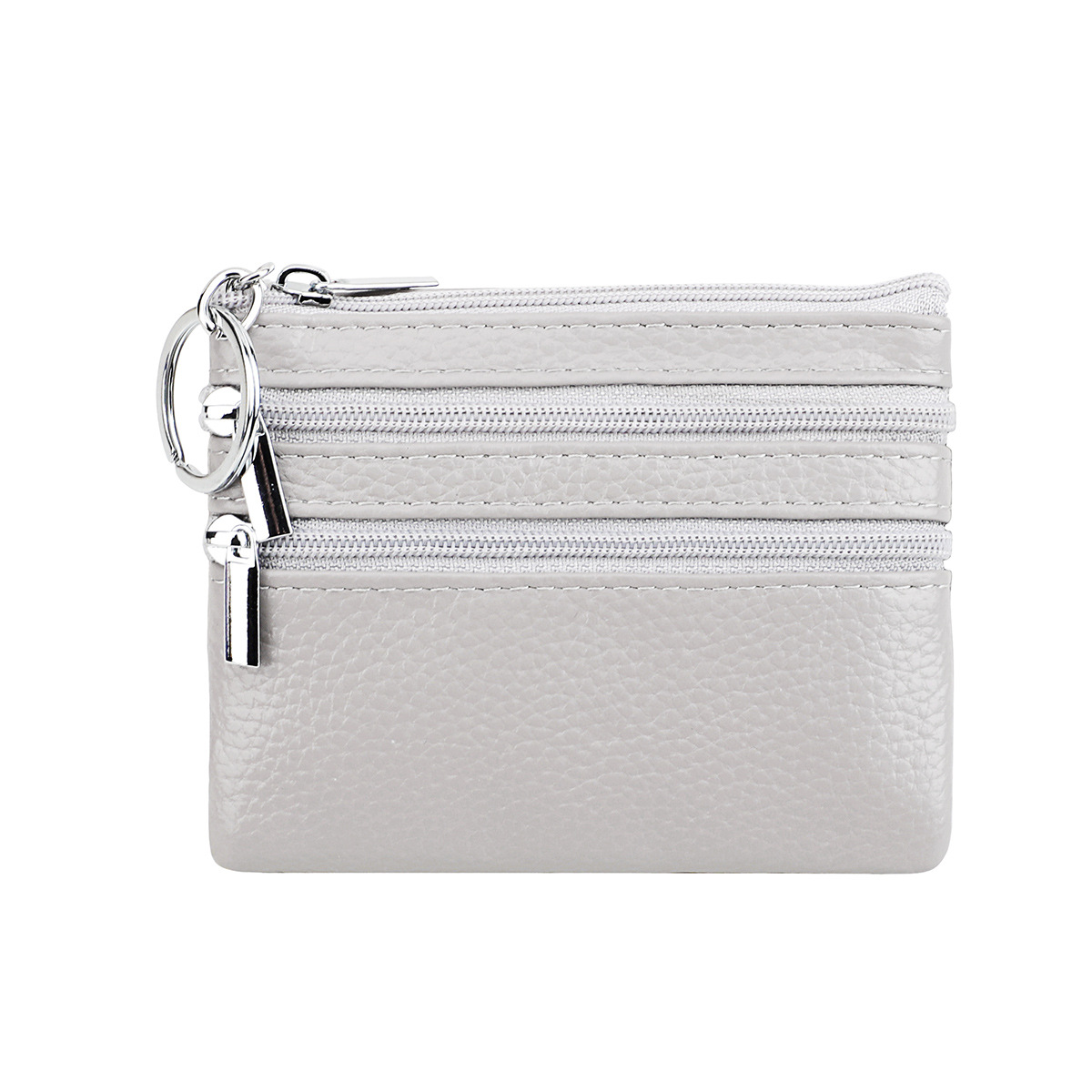 Genuine Leather Coin Purse Mini Wallet with Triple Zipper Pockets Key Ring Holder Pouch for Cash & Cards - Medium Gray - Image 1