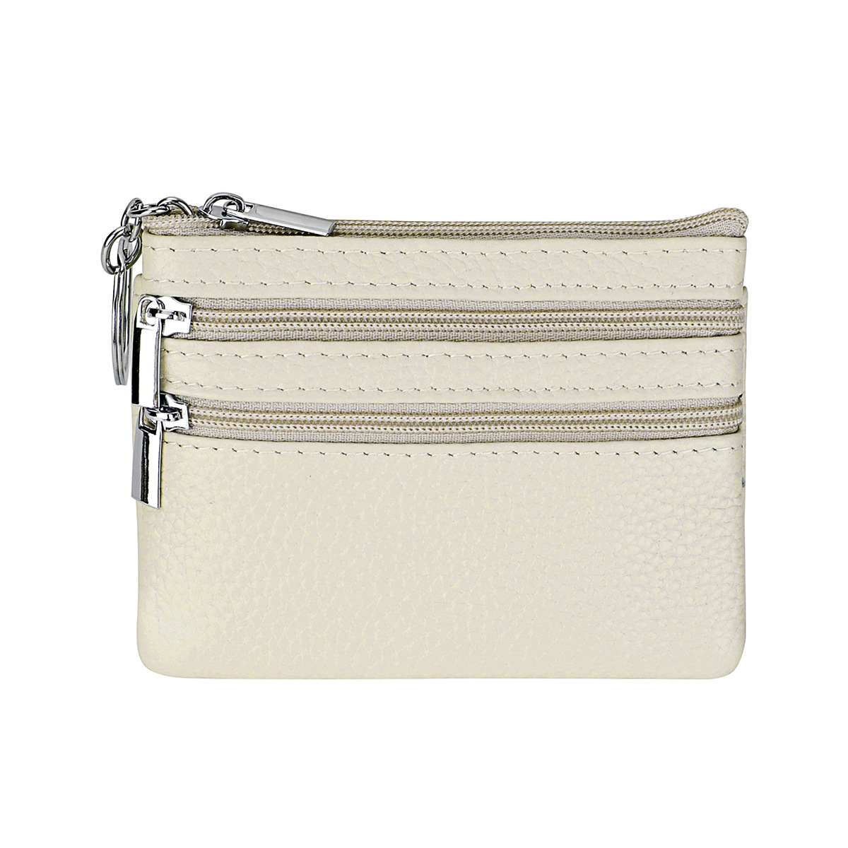 Genuine Leather Coin Purse Mini Wallet with Triple Zipper Pockets Key Ring Holder Pouch for Cash & Cards - Milky white - Image 1