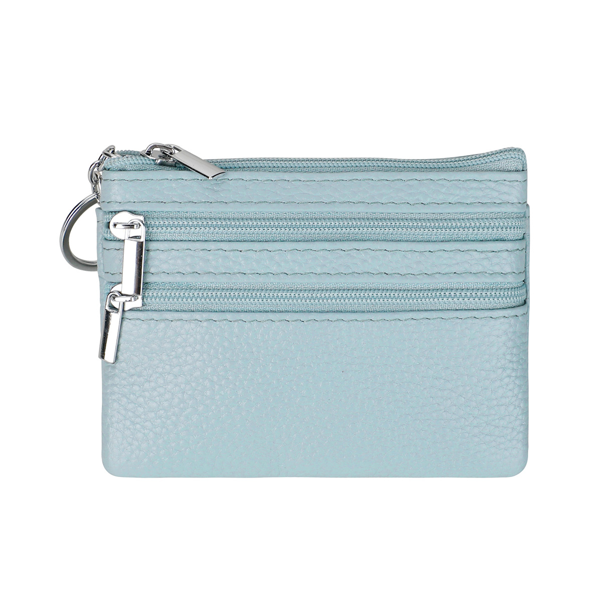 Genuine Leather Coin Purse Mini Wallet with Triple Zipper Pockets Key Ring Holder Pouch for Cash & Cards - Autumn Wave Blue - Image 1