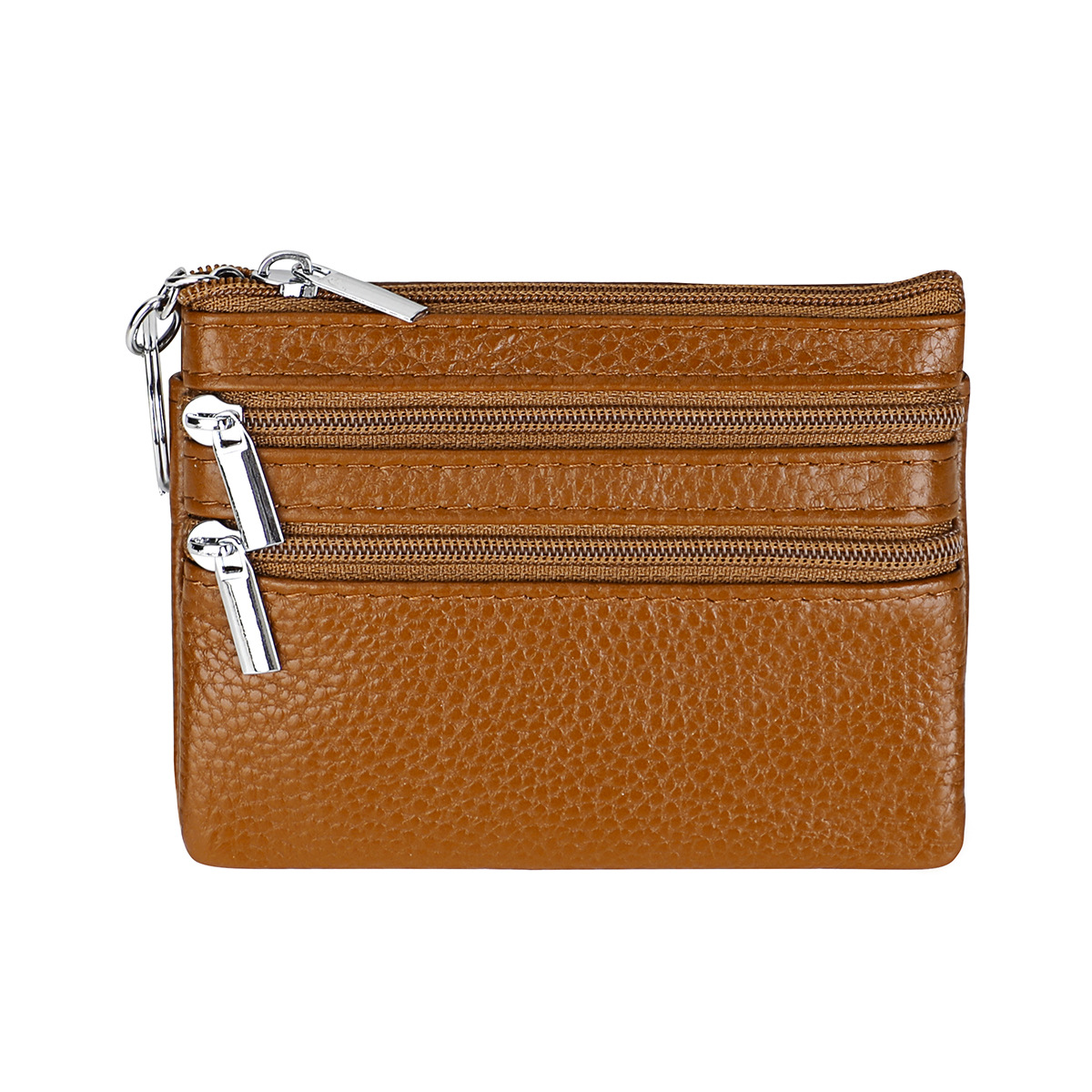 Genuine Leather Coin Purse Mini Wallet with Triple Zipper Pockets Key Ring Holder Pouch for Cash & Cards - Camel colour - Image 1