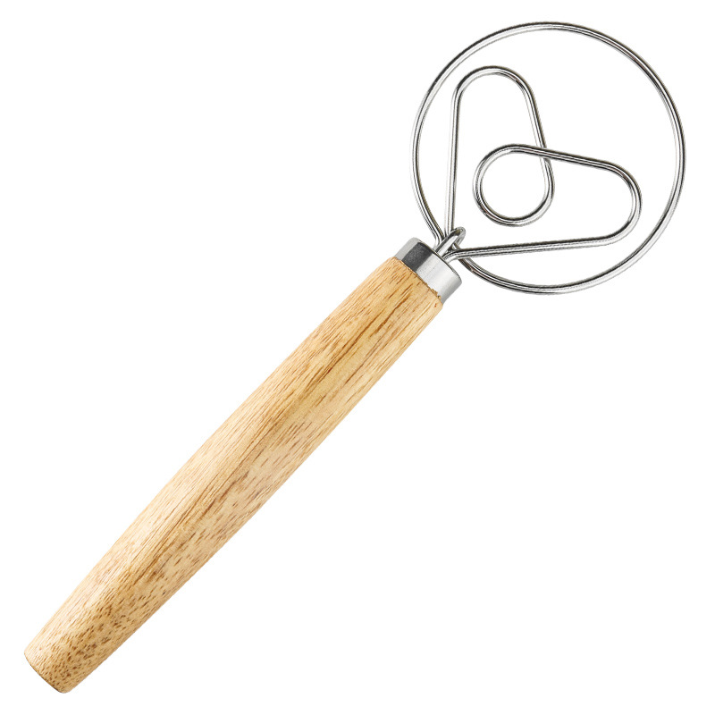 Danish Dough Whisk Heart Shaped Design Short Oak Wood Handle Stainless Steel Bread Mixer Tool for Sourdough Pizza & Batter - Image 1