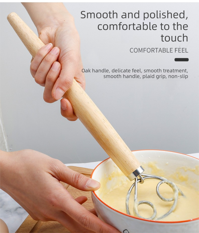 Danish Dough Whisk Slim Dual Ring Design Long Oak Wood Handle Bread Mixer Tool for Sourdough Starter Jars & Batters - Image 5