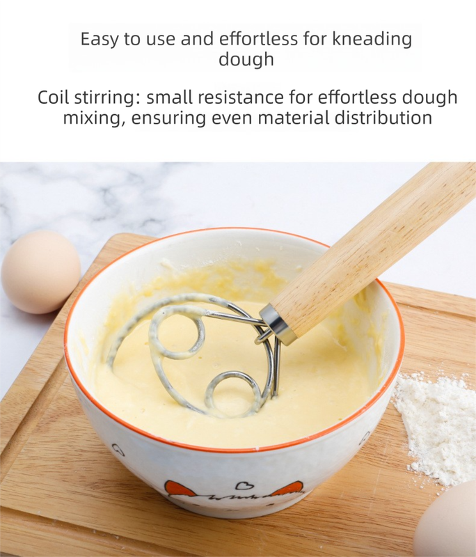 Danish Dough Whisk Slim Dual Ring Design Long Oak Wood Handle Bread Mixer Tool for Sourdough Starter Jars & Batters - Image 6