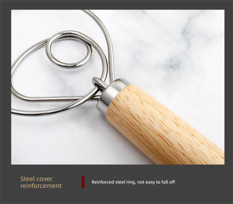 Danish Dough Whisk Slim Dual Ring Design Long Oak Wood Handle Bread Mixer Tool for Sourdough Starter Jars & Batters - Image 8